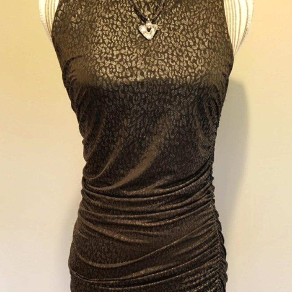 Forever 21 Asymetrical Cinched Black with Silver Shimmer Leopard Print Dress